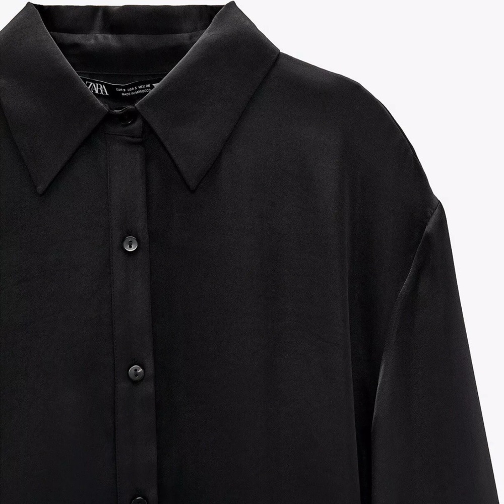 BRAND NEW - Zara Black Draped Ruched Satin Effect Short Shirt Dress - Small - Picture 10 of 11